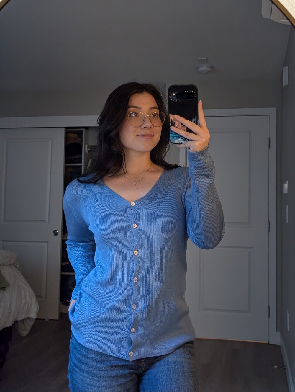 Nordstrom Blue Silk V-Neck Button Cardigan Sweater